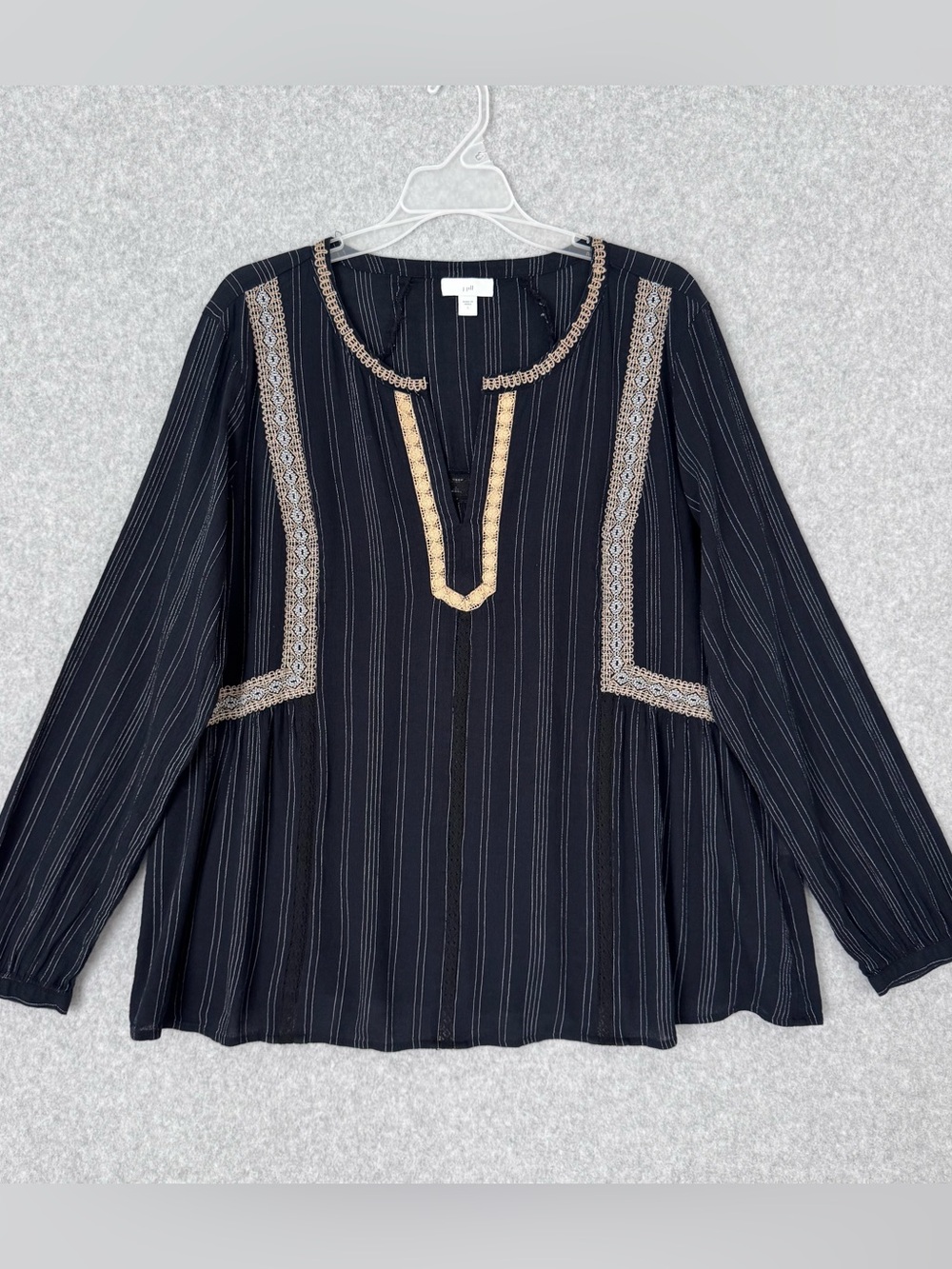 J. Jill Womens Top Large Blue Cream Long Sleeve Lace Embroidered Boho Pop Over